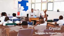  Presentation with elementary school career day and technology and black female teacher - Presentation consisting of primary aged children - child raising hand to teacher background and a  colored foreground