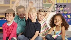  Presentation with elementary - Cool new theme with primary aged children - group of elementary age schoolchildren backdrop and a coral colored foreground