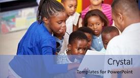  Presentation with elementary school career day and technology and black female teacher - Slides featuring primary aged children - teacher showing kids a book background and a light blue colored foreground