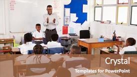  Presentation with school elementary - Presentation theme featuring primary aged children - teacher taking a lesson background and a red colored foreground