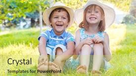  Presentation with kids room children smile - Cool new presentation design with primary aged children - two smiling kids sitting backdrop and a yellow colored foreground