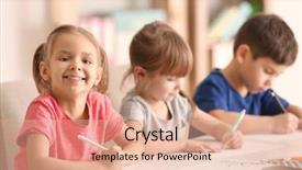  Presentation with education cute - Amazing presentation theme having primary education - cute kids drawing in classroom backdrop and a coral colored foreground