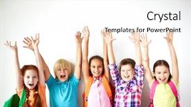  Presentation with friends - Colorful presentation theme enhanced with primary education - ecstatic friends with raised arms backdrop and a white colored foreground