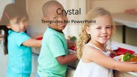  Presentation with elementary - Presentation featuring primary education - elementary pupils collecting healthy lunch background and a coral colored foreground