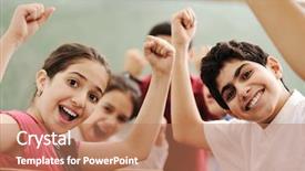  Presentation with children education - Beautiful presentation design featuring primary education - happy children smiling and laughing backdrop and a coral colored foreground