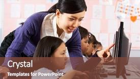  Presentation with helping - Amazing slide deck having primary education - teacher helping student during computer backdrop and a tawny brown colored foreground