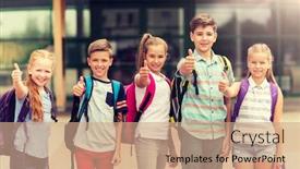  Presentation with school backpacks - PPT theme having primary-education-friendship-childhood-gesture background and a coral colored foreground