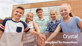 Presentation with friendship school - PPT theme consisting of primary education friendship childhood and people concept - group of happy elementary school students with hands on top outdoors background and a coral colored foreground