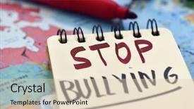  Presentation with notebook page - PPT theme with child physical abuse - text stop bullying written background and a lemonade colored foreground