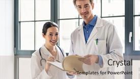  Presentation with medical records - Cool new PPT theme with primary prevention - portrait of two dedicated doctors backdrop and a coral colored foreground