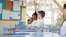  Presentation with children hands - Amazing PPT theme having primary school children raising hands backdrop and a light blue colored foreground