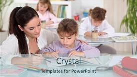  Presentation with teacher - PPT theme consisting of primary school design - teacher with thee young pupils background and a lemonade colored foreground