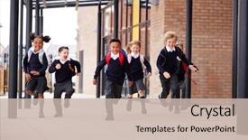  Presentation with backpacks - Cool new PPT theme with primary school kids wearing school backdrop and a soft green colored foreground