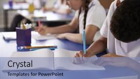  Presentation with heir - PPT layouts enhanced with primary school kids writing background and a light blue colored foreground