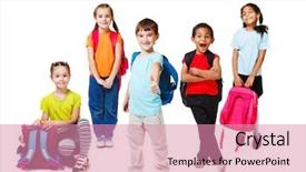  Presentation with diversity school - Audience pleasing PPT theme consisting of primary school students with backpacks backdrop and a coral colored foreground