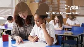  Presentation with school desk - Slides enhanced with points interest - primary school teacher helping background and a tawny brown colored foreground
