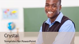  Presentation with school - Cool new PPT layouts with primary school teacher in classroom backdrop and a soft green colored foreground