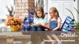  Presentation with school backpacks - Colorful presentation theme enhanced with primary school with book backdrop and a coral colored foreground