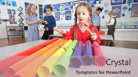  Presentation with classroom - Slides featuring primary schoolchildren having music background and a soft green colored foreground