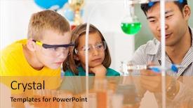  Presentation with science - PPT theme having primary students in science class background and a yellow colored foreground