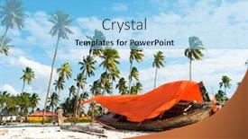  Presentation with primitive - PPT theme having primitive wooden sailing and fishing boat sitting ashore palms and sandy beach background and a light blue colored foreground