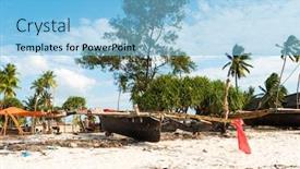  Presentation with primitive - Presentation consisting of primitive wooden sailing and fishing boat sitting ashore palms and sandy beach background and a light blue colored foreground