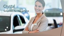  Presentation with car dealer - Slide deck featuring principal - female car dealer standing background and a sky blue colored foreground