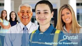  Presentation with school children - Slide deck featuring principal - group of children standing background and a ocean colored foreground