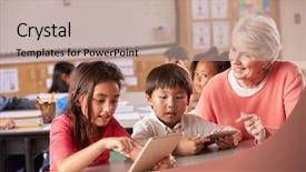  Presentation with principal - Slide deck featuring principal - senior teacher helping elementary school background and a coral colored foreground