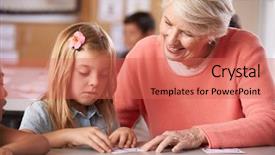  Presentation with elementary - Slide deck with principal - senior teacher helping schoolgirl background and a coral colored foreground