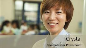  Presentation with school cafeteria - PPT theme enhanced with principal - teacher portrait at lunch background and a mint green colored foreground