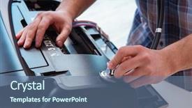  Presentation with color - PPT theme enhanced with printing machine - repairman repairing broken color printer background and a ocean colored foreground