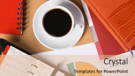  Presentation with japanese new year above view - PPT theme with printing office - worktable covered with documents view background and a coral colored foreground