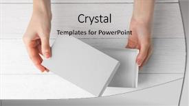  Presentation with packaging - PPT theme consisting of printing packaging - female hands opening white box background and a light gray colored foreground