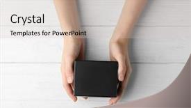  Presentation with packaging - Cool new PPT theme with printing packaging - female hands with black box backdrop and a  colored foreground