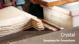  Presentation with factory - PPT theme enhanced with printmaking - closeup of stacked paper sheets background and a coral colored foreground