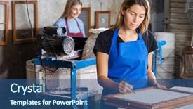  Presentation with mold - Presentation design featuring printmaking - female worker using tweezers background and a ocean colored foreground