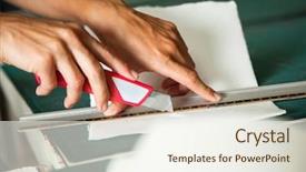  Presentation with paper cutting - Slide set featuring printmaking - hands cutting paper using blade background and a sky blue colored foreground