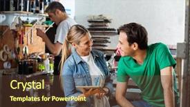  Presentation with worker - Slide set featuring printmaking - happy female worker holding digital background and a tawny brown colored foreground