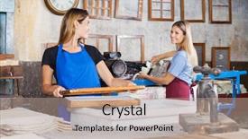  Presentation with factory workers - Presentation design featuring printmaking - happy female workers looking background and a  colored foreground