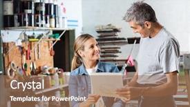  Presentation with work happy hour - Presentation design featuring printmaking - happy male and female worker background and a  colored foreground