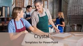  Presentation with factory workers - Presentation theme consisting of printmaking - happy male and female workers background and a coral colored foreground