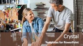  Presentation with factory workers - Cool new presentation design with printmaking - happy male and female workers backdrop and a tawny brown colored foreground