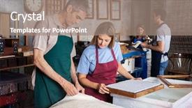  Presentation with female - Slide set enhanced with printmaking - male and female colleagues checking background and a coral colored foreground