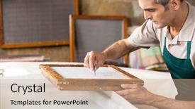  Presentation with vat - Presentation design consisting of printmaking - mature male worker cleaning paper background and a  colored foreground