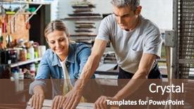  Presentation with worker - Cool new PPT theme with printmaking - mid adult female worker assisting backdrop and a tawny brown colored foreground