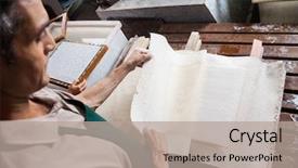  Presentation with worker - Presentation theme enhanced with printmaking - worker checking paper sheets background and a  colored foreground