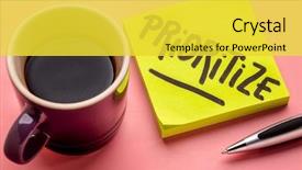  Presentation with cup coffee - Cool new PPT theme with prioritization - prioritize advice or reminder backdrop and a yellow colored foreground