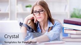  Presentation with worried young female college student - Colorful presentation design enhanced with prison book - young teenage female student preparing backdrop and a light blue colored foreground
