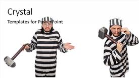  Presentation with prison - Beautiful presentation design featuring prisoner - prison inmate with hammer isolated backdrop and a white colored foreground